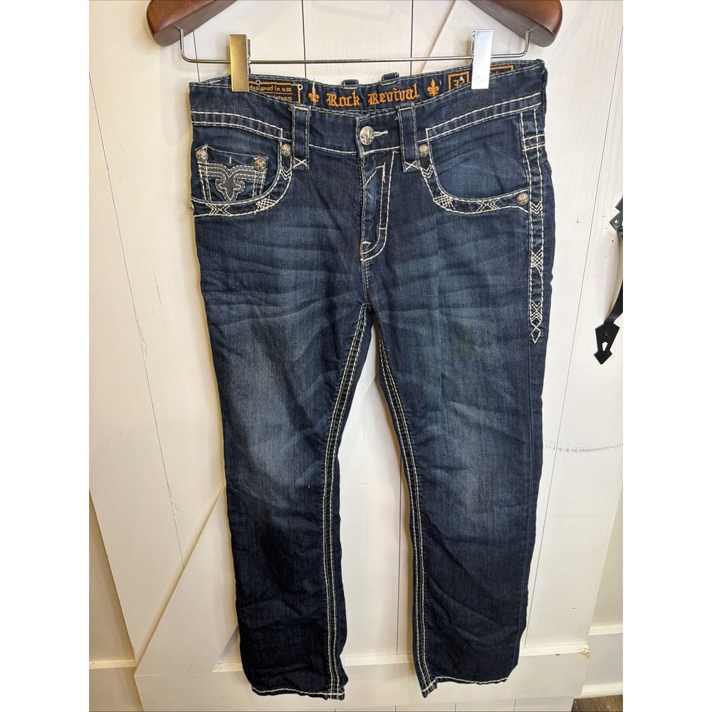 Rock Revival Colin Mens 32x31 Jeans Straight Denim Embellished Pockets Grunge